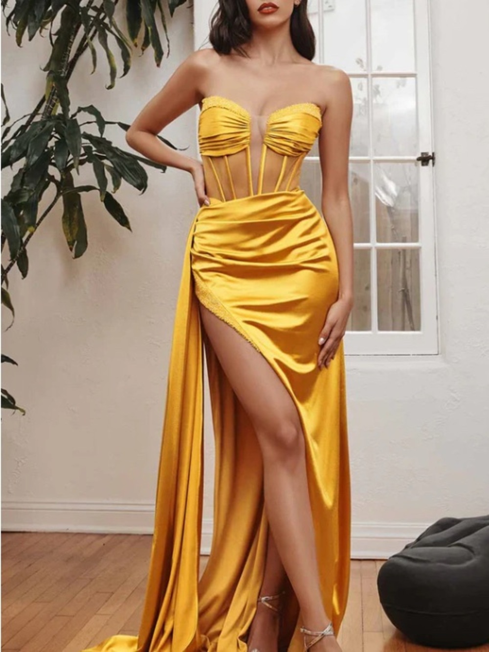 Strapless Yellow Satin High-Slit Evening Dress